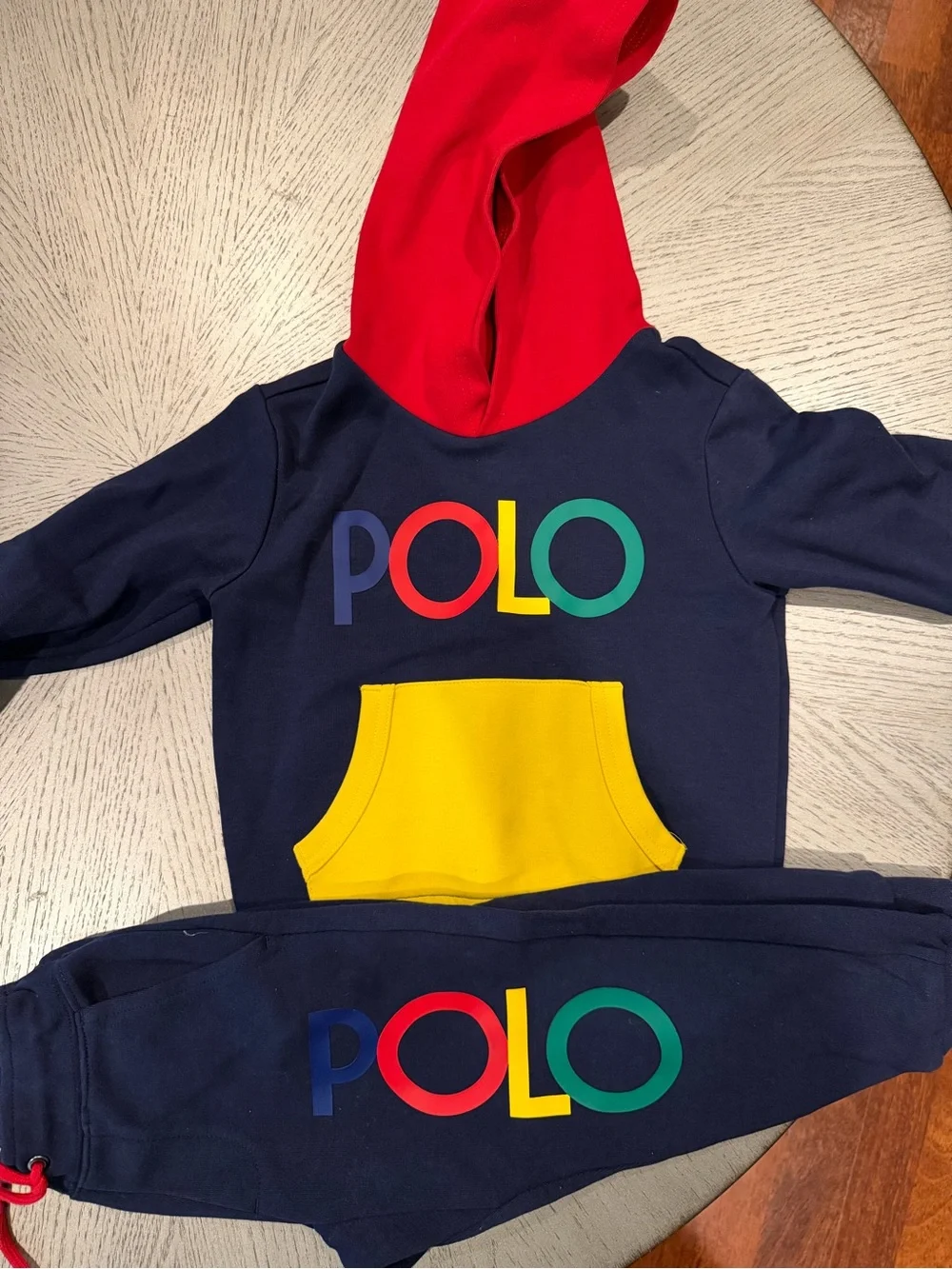 Polo by Ralph Lauren Navy Hoodie & Joggers Set with Red Hood and Yellow Pocket